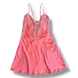 Frederick’s of Hollywood Coral Pink‎ Lace Satin Babydoll Slip Dress Lingerie M